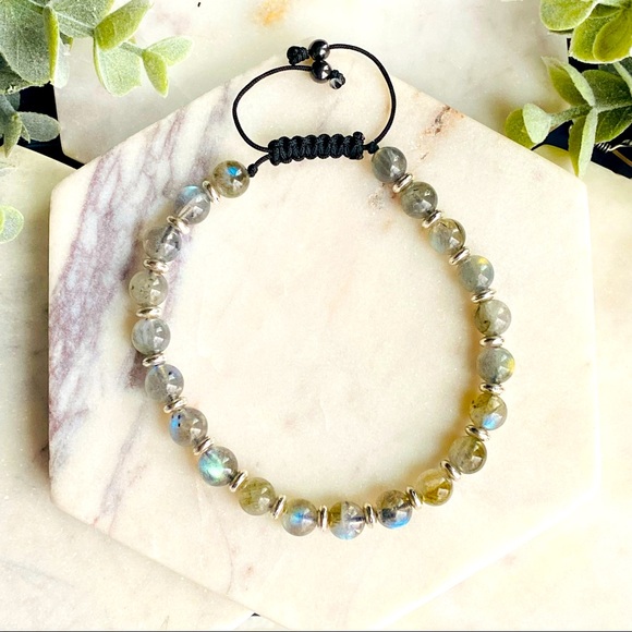 Men Labradorite Adjustable Beaded Bracelet Cord Macrame Men & Women - Picture 2 of 5